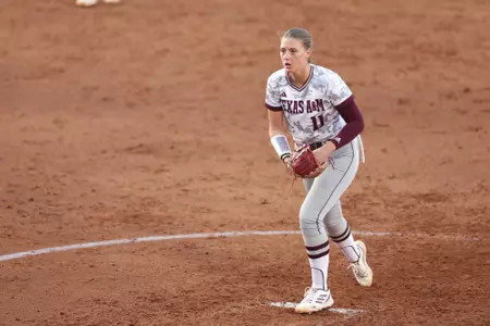 COLLEGE STATION, TX - April 12, 2023 - Pitcher Emiley Kennedy #11 of the Texas A&M Aggies during the game between the Louisiana Ragin' Cajuns and the Texas A&M Aggies at Davis Diamond in College Station, TX. Photo By Evan Pilat/Texas A&M Athletics