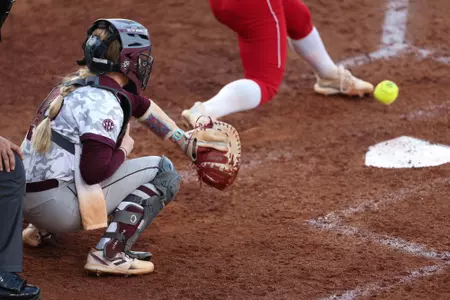 COLLEGE STATION, TX - April 12, 2023 - Catcher Julia Cottrill #42 of the Texas A&M Aggies during the game between the Louisiana Ragin' Cajuns and the Texas A&M Aggies at Davis Diamond in College Station, TX. Photo By Evan Pilat/Texas A&M Athletics