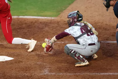 COLLEGE STATION, TX - April 12, 2023 - Catcher Julia Cottrill #42 of the Texas A&M Aggies during the game between the Louisiana Ragin' Cajuns and the Texas A&M Aggies at Davis Diamond in College Station, TX. Photo By Evan Pilat/Texas A&M Athletics