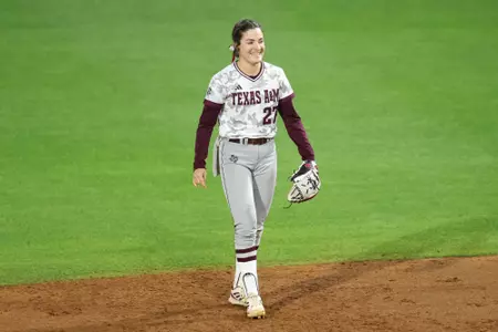 COLLEGE STATION, TX - April 12, 2023 - Catcher/Outfielder Riley Valentine #27 of the Texas A&M Aggies during the game between the Louisiana Ragin' Cajuns and the Texas A&M Aggies at Davis Diamond in College Station, TX. Photo By Evan Pilat/Texas A&M Athletics