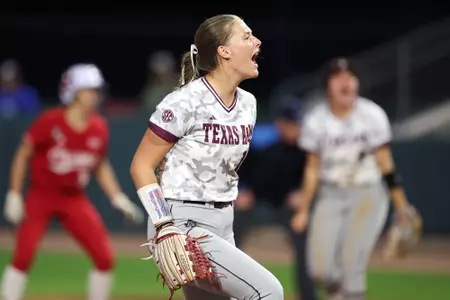COLLEGE STATION, TX - April 12, 2023 - Pitcher Emiley Kennedy #11 of the Texas A&M Aggies during the game between the Louisiana Ragin' Cajuns and the Texas A&M Aggies at Davis Diamond in College Station, TX. Photo By Evan Pilat/Texas A&M Athletics