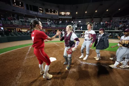 COLLEGE STATION, TX - April 12, 2023 - Catcher Julia Cottrill #42 of the Texas A&M Aggies during the game between the Louisiana Ragin' Cajuns and the Texas A&M Aggies at Davis Diamond in College Station, TX. Photo By Evan Pilat/Texas A&M Athletics
