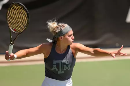 COLLEGE STATION, TX - April 21, 2023 - Daria Smetannikov of the Texas A&M Aggies during the SEC Tournament game between the Vanderbilt Commodores and the Texas A&M Aggies at Billingsley Tennis Center in Fayetteville, Arkansas. Photo By Brendall O'Banon/Texas A&M Athletics