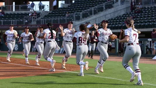 COLLEGE STATION, TX - April 12, 2023 - Texas A&M Aggies softball team during the game between the Louisiana Ragin' Cajuns and the Texas A&M Aggies at Davis Diamond in College Station, TX. Photo By Evan Pilat/Texas A&M Athletics
