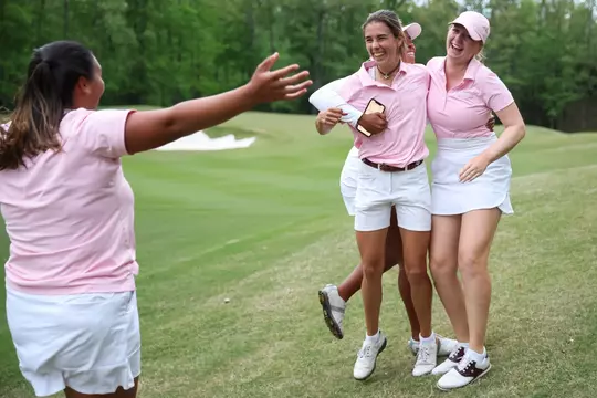 HOOVER, AL - April 15, 2023 - Blanca Fernández García-Poggio of the Texas A&M Aggies and Adela Cernousek of the Texas A&M Aggies during the SEC Women's Golf Championship semifinals between the South Carolina Gamecocks and the Texas A&M Aggies at Greystone Golf and Country Club in Hoover, AL. Photo By Ethan Mito/Texas A&M Athletics