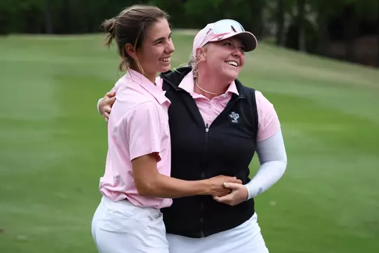 HOOVER, AL - April 15, 2023 - Hailee Cooper of the Texas A&M Aggies and Blanca Fernández García-Poggio of the Texas A&M Aggies during the SEC Women's Golf Championship semifinals between the South Carolina Gamecocks and the Texas A&M Aggies at Greystone Golf and Country Club in Hoover, AL. Photo By Ethan Mito/Texas A&M Athletics