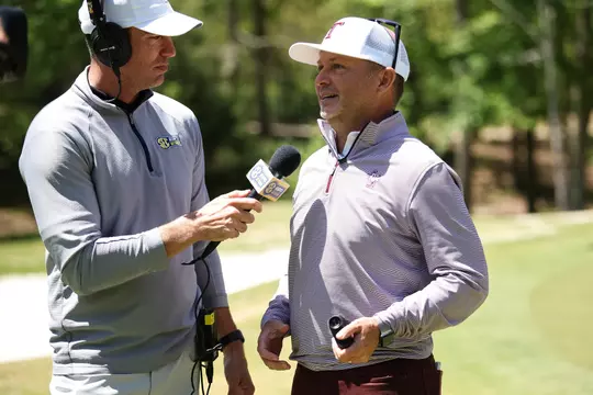 HOOVER, AL - April 16, 2023 - Head Coach Gerrod Chadwell of the Texas A&M Aggies during the SEC Women's Golf Championship finals between the Mississippi State Bulldogs and the Texas A&M Aggies at Greystone Golf and Country Club in Hoover, AL. Photo By Ethan Mito/Texas A&M Athletics