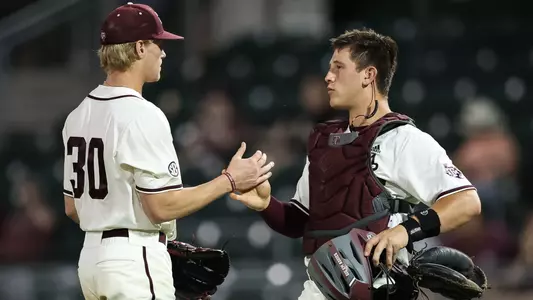 COLLEGE STATION, TX - April 19, 2023 - Jaren Warwick #30 of the Texas A&M Aggies and Catcher Max Kaufer #46 of the Texas A&M Aggies during the game between the Prairie View A&M Panthers and the Texas A&M Aggies at Blue Bell Park in College Station, TX. Photo By Ethan Mito/Texas A&M Athletics