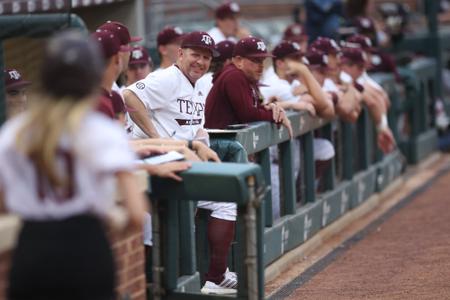 COLLEGE STATION, TX - April 04, 2023 - Head Coach Jim Schlossnagle of the Texas A&M Aggies during the game between the Texas State Bobcats and the Texas A&M Aggies at Blue Bell Park in College Station, TX. Photo By Ethan Mito/Texas A&M Athletics

