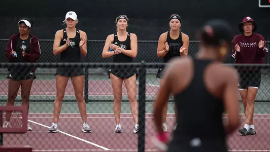 COLLEGE STATION, TX - April 02, 2023 - During the game between the Georgia Bulldogs and the Texas A&M Aggies at Mitchell Tennis Center in College Station, TX. Photo By Ethan Mito/Texas A&M Athletics