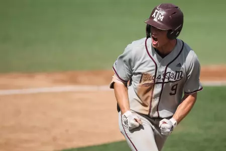 AUBURN, AL - April 07, 2023 - Infielder Jack Moss #9 of the Texas A&M Aggies during the game between the Auburn Tigers and the Texas A&M Aggies at Plainsman Park in Auburn, AL. Photo By Ethan Mito/Texas A&M Athletics