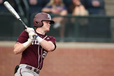 AUBURN, AL - April 07, 2023 - Outfielder Brett Minnich #23 of the Texas A&M Aggies during the game between the Auburn Tigers and the Texas A&M Aggies at Plainsman Park in Auburn, AL. Photo By Ethan Mito/Texas A&M Athletics