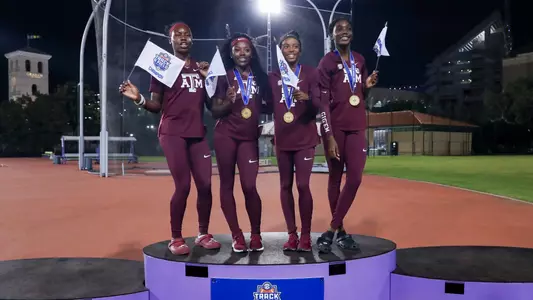 BATON ROUGE, LA - May 13, 2023 - Jermaisha Arnold of the Texas A&M Aggies, Kennedy Wade of the Texas A&M Aggies, Sanu Jallow of the Texas A&M Aggies, and Tierra Robinson-Jones of the Texas A&M Aggies during day 3 of the SEC Outdoor Track and Field Championships at Bernie Moore Track Stadium in Baton Rouge, Louisiana. Photo By Aiden Shertzer/Texas A&M Athletics