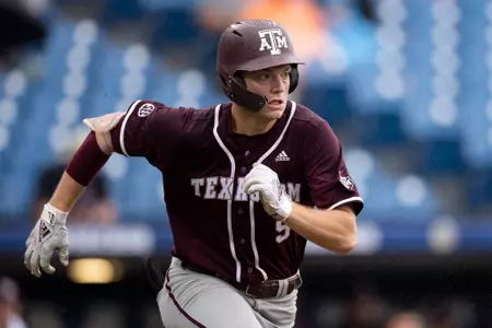 Hoover, Alabama - May 23, 2023 - Infielder/Outfielder Jack Moss #9 of the Texas A&M Aggies during the game between the Tennessee Volunteers and the Texas A&M Aggies at the Hoover Met in Hoover, Alabama. Photo By Rachel Mahan
