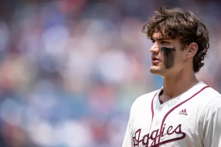 Hoover, Alabama - May 27, 2023 - Outfielder Jace Laviolette #17 of the Texas A&M Aggies during the game between the Arkansas Razorbacks and the Texas A&M Aggies at the Hoover Met in Hoover, Alabama. Photo By Rachel Mahan