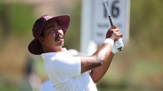 Phichaksn Maichon admires a tee shot in round three of the NCAA Championships