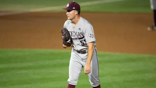 AUBURN, AL - April 06, 2023 - Pitcher Evan Aschenbeck #53 of the Texas A&M Aggies during the game between the Auburn Tigers and the Texas A&M Aggies at Plainsman Park in Auburn, AL. Photo By Ethan Mito/Texas A&M Athletics