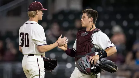 COLLEGE STATION, TX - April 19, 2023 - Jaren Warwick #30 of the Texas A&M Aggies and Catcher Max Kaufer #46 of the Texas A&M Aggies during the game between the Prairie View A&M Panthers and the Texas A&M Aggies at Blue Bell Park in College Station, TX. Photo By Ethan Mito/Texas A&M Athletics
