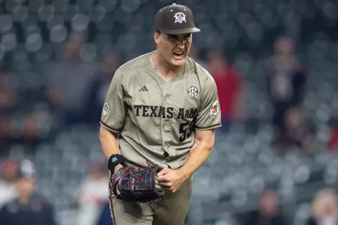 HOUSTON, TX - March 05, 2023 - Pitcher Evan Aschenbeck #53 of the Texas A&M Aggies during the game between the Texas Tech Red Raiders and the Texas A&M Aggies at Minute Maid Park in Houston, TX. Photo By Ethan Mito/Texas A&M Athletics