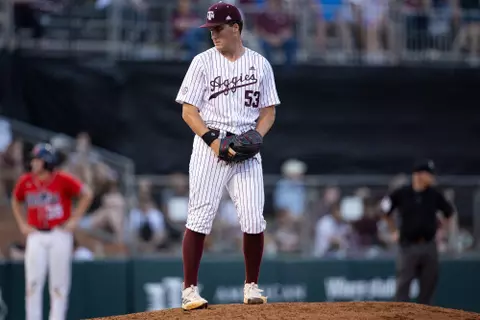 COLLEGE STATION, TX - March 31, 2023 - Pitcher Evan Aschenbeck #53 of the Texas A&M Aggies during the game between the Ole Miss Rebels and the Texas A&M Aggies at Blue Bell Park in College Station, TX. Photo By Ethan Mito/Texas A&M Athletics