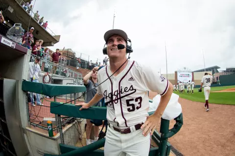 COLLEGE STATION, TX - April 02, 2023 - Pitcher Evan Aschenbeck #53 of the Texas A&M Aggies during the game between the Ole Miss Rebels and the Texas A&M Aggies at Blue Bell Park in College Station, TX. Photo By Hayden Carroll/Texas A&M Athletics