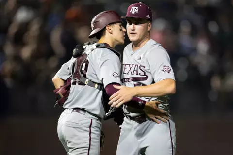 AUBURN, AL - April 06, 2023 - Pitcher Evan Aschenbeck #53 of the Texas A&M Aggies and Catcher Hank Bard #48 of the Texas A&M Aggies during the game between the Auburn Tigers and the Texas A&M Aggies at Plainsman Park in Auburn, AL. Photo By Ethan Mito/Texas A&M Athletics