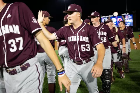 AUBURN, AL - April 07, 2023 - Pitcher Evan Aschenbeck #53 of the Texas A&M Aggies during the game between the Auburn Tigers and the Texas A&M Aggies at Plainsman Park in Auburn, AL. Photo By Ethan Mito/Texas A&M Athletics