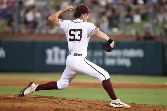 COLLEGE STATION, TX - May 05, 2023 - Pitcher Evan Aschenbeck #53 of the Texas A&M Aggies during the game between the Florida Gators and the Texas A&M Aggies at Blue Bell Park in College Station, TX. Photo By Hayden Carroll/Texas A&M Athletics
