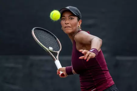 COLLEGE STATION, TX - May 06, 2023 - Salma Ewing of the Texas A&M Aggies during the second round of the NCAA Tournament Women's Tennis game between the Baylor Bears and the Texas A&M Aggies at Mitchell Tennis Center in College Station, TX. Photo By Craig Bisacre/Texas A&M Athletics