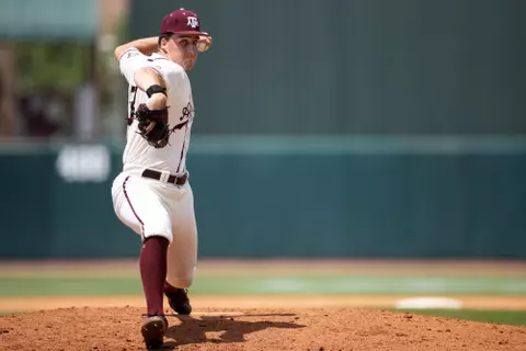COLLEGE STATION, TX - May 07, 2023 - Pitcher Evan Aschenbeck #53 of the Texas A&M Aggies during the game between the Gators and the Texas A&M Aggies at Blue Bell Park in College Station, TX. Photo By Rachel Mahan/Texas A&M Athletics
