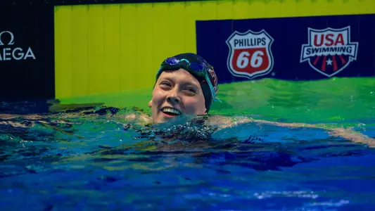 Abby Grottle reacting to her best time int he 800m free at U.S. National Championships