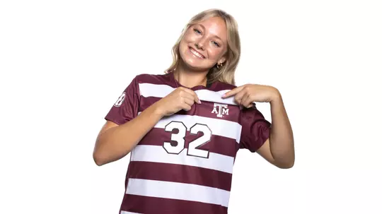 COLLEGE STATION, TX - July 20, 2023 - Midfielder Ella Goodwin #32 of the Texas A&M Aggies during Texas A&M Aggies Soccer photo day in College Station, TX. Photo By Ethan Mito/Texas A&M Athletics