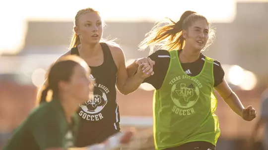 COLLEGE STATION, TX - August 03, 2023 - Midfielder Ella Goodwin #32 of the Texas A&M Aggies and Midfielder Georgia Leb #23 of the Texas A&M Aggies during practice in College Station, TX. Photo By Ethan Mito/Texas A&M Athletics