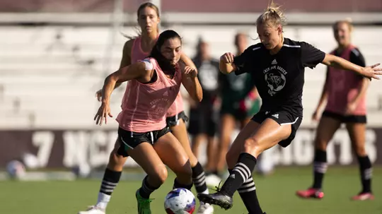 COLLEGE STATION, TX - August 03, 2023 - Forward Maile Hayes #8 of the Texas A&M Aggies and Midfielder Ella Goodwin #32 of the Texas A&M Aggies during practice at Ellis Field in College Station, TX. Photo By Evan Pilat/Texas A&M Athletics