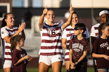 COLLEGE STATION, TX - August 17, 2023 - Defender Carolyn Calzada #16 of the Texas A&M Aggies during the game between the Florida State Seminoles and the Texas A&M Aggies at Ellis Field in College Station, TX. Photo By Ethan Mito/Texas A&M Athletics