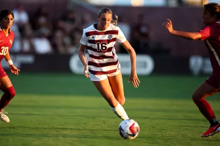 COLLEGE STATION, TX - August 17, 2023 - Defender Carolyn Calzada #16 of the Texas A&M Aggies during the game between the Florida State Seminoles and the Texas A&M Aggies at Ellis Field in College Station, TX. Photo By Craig Bisacre/Texas A&M Athletics