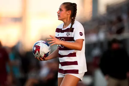 COLLEGE STATION, TX - August 17, 2023 - Defender Macy Matula #18 of the Texas A&M Aggies during the game between the Florida State Seminoles and the Texas A&M Aggies at Ellis Field in College Station, TX. Photo By Ethan Mito/Texas A&M Athletics