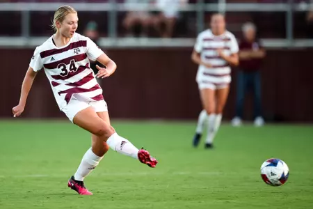 COLLEGE STATION, TX - August 17, 2023 - Defender/Midfielder Quinn Cornog #34 of the Texas A&M Aggies during the game between the Florida State Seminoles and the Texas A&M Aggies at Ellis Field in College Station, TX. Photo By Craig Bisacre/Texas A&M Athletics