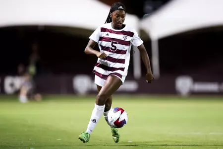COLLEGE STATION, TX - August 17, 2023 - Forward MaKhiya McDonald #5 of the Texas A&M Aggies during the game between the Florida State Seminoles and the Texas A&M Aggies at Ellis Field in College Station, TX. Photo By Ethan Mito/Texas A&M Athletics