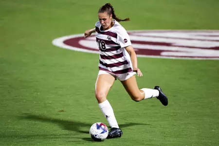 COLLEGE STATION, TX - August 17, 2023 - Defender Macy Matula #18 of the Texas A&M Aggies during the game between the Florida State Seminoles and the Texas A&M Aggies at Ellis Field in College Station, TX. Photo By Craig Bisacre/Texas A&M Athletics