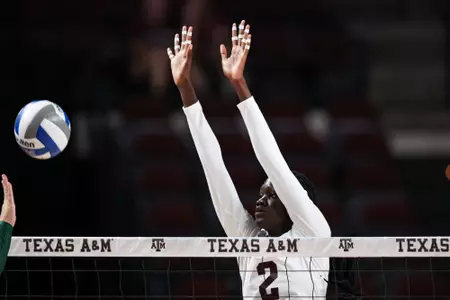 COLLEGE STATION, TX - August 19, 2023 - Middle Blocker Ital Lopuyo #2 of the Texas A&M Aggies during the game between the Baylor Bears and the Texas A&M Aggies at Reed Arena in College Station, TX. Photo By Craig Bisacre/Texas A&M Athletics