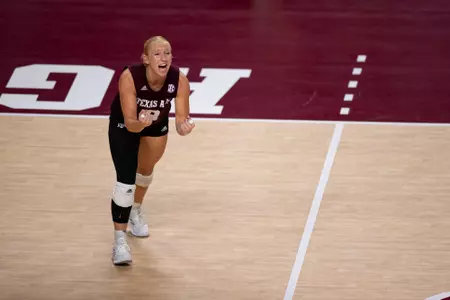 COLLEGE STATION, TX - August 19, 2023 - Libero/Defensive Specialist Lauren Hogan #8 of the Texas A&M Aggies during the game between the Baylor Bears and the Texas A&M Aggies at Reed Arena in College Station, TX. Photo By Brendall O'Banon/Texas A&M Athletics
