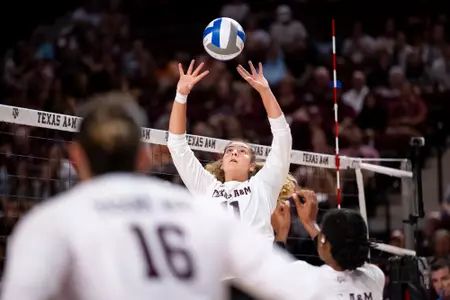 COLLEGE STATION, TX - August 19, 2023 - Setter Nisa Buzlutepe #11 of the Texas A&M Aggies during the game between the Baylor Bears and the Texas A&M Aggies at Reed Arena in College Station, TX. Photo By Brendall O'Banon/Texas A&M Athletics