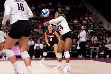 COLLEGE STATION, TX - August 19, 2023 - Libero/Defensive Specialist Alayna Pearson #24 of the Texas A&M Aggies during the game between the Baylor Bears and the Texas A&M Aggies at Reed Arena in College Station, TX. Photo By Brendall O'Banon/Texas A&M Athletics