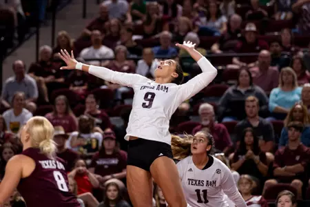 COLLEGE STATION, TX - August 19, 2023 - Opposite Hitter Logan Lednicky #9 of the Texas A&M Aggies during the game between the Baylor Bears and the Texas A&M Aggies at Reed Arena in College Station, TX. Photo By Brendall O'Banon/Texas A&M Athletics