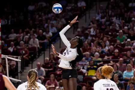 COLLEGE STATION, TX - August 19, 2023 - Middle Blocker Ital Lopuyo #2 of the Texas A&M Aggies during the game between the Baylor Bears and the Texas A&M Aggies at Reed Arena in College Station, TX. Photo By Brendall O'Banon/Texas A&M Athletics