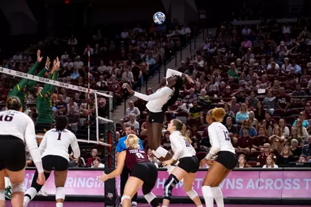 COLLEGE STATION, TX - August 19, 2023 - Middle Blocker Ital Lopuyo #2 of the Texas A&M Aggies during the game between the Baylor Bears and the Texas A&M Aggies at Reed Arena in College Station, TX. Photo By Brendall O'Banon/Texas A&M Athletics
