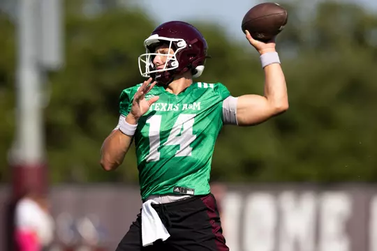 COLLEGE STATION, TX - August 02, 2023 - Quarterback Max Johnson #14 of the Texas A&M Aggies during fall camp football practice on Coolidge Practice Fields at the Graham Athletic Complex in College Station, TX. Photo By Craig Bisacre/Texas A&M Athletics