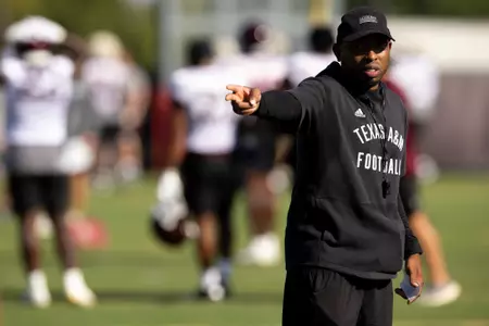COLLEGE STATION, TX - August 02, 2023 - Defensive Backs Coach TJ Rushing of the Texas A&M Aggies during fall camp football practice on Coolidge Practice Fields at the Graham Athletic Complex in College Station, TX. Photo By Craig Bisacre/Texas A&M Athletics