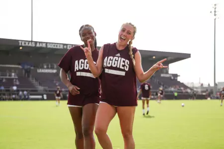 COLLEGE STATION, TX - August 20, 2023 - Midfielder Grace Ivey #10 of the Texas A&M Aggies and Forward Taylor Jernigan #24 of the Texas A&M Aggies during the game between the Washington State Cougars and the Texas A&M Aggies at Ellis Field in College Station, TX. Photo By Brendall O'Banon/Texas A&M Athletics